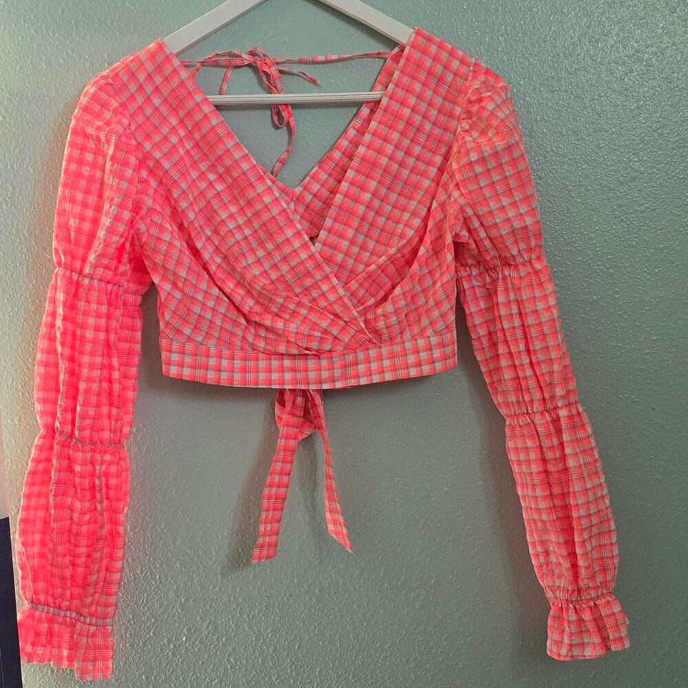 Topshop pink gingham tie back crop